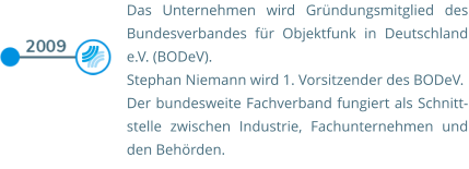 Das Unternehmen wird Gründungsmitglied des Bundesverbandes für Objektfunk in Deutschland e.V. (BODeV). Stephan Niemann wird 1. Vorsitzender des BODeV.  Der bundesweite Fachverband fungiert als Schnitt-stelle zwischen Industrie, Fachunternehmen und den Behörden.